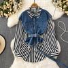 Korean Retro Women Denim Vest Shirt Spring Autumn Casual Loose Irregular Stitching Striped Fake Two