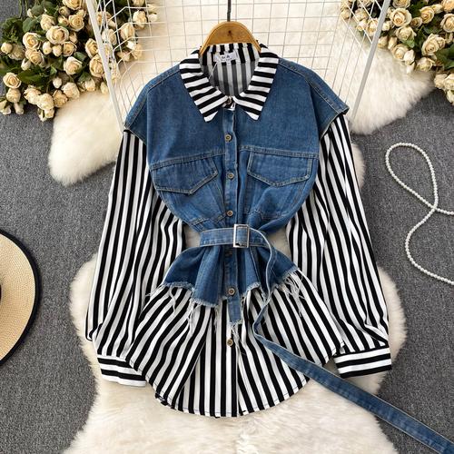 Korean Retro Women Denim Vest Shirt Spring Autumn Casual Loose Irregular Stitching Striped Fake Two