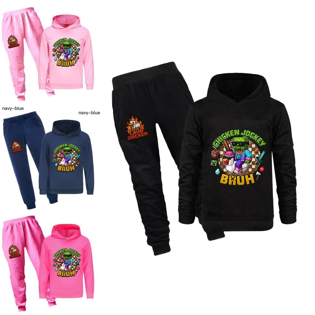Minecraft Hühner-Jockey Kinder Cartoon Hoodie und Hose Set Aus Baumwolle Für Lässige Winterkleidung