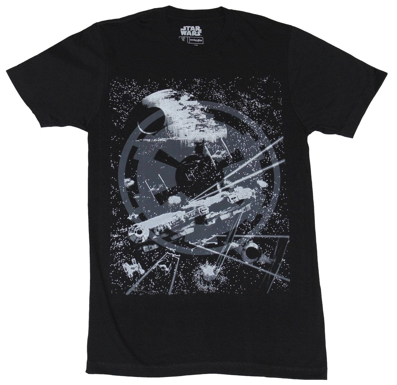 Star Wars Mens T-shirt Millennium Flacon Death Star Battle Under Empire Shadow XL