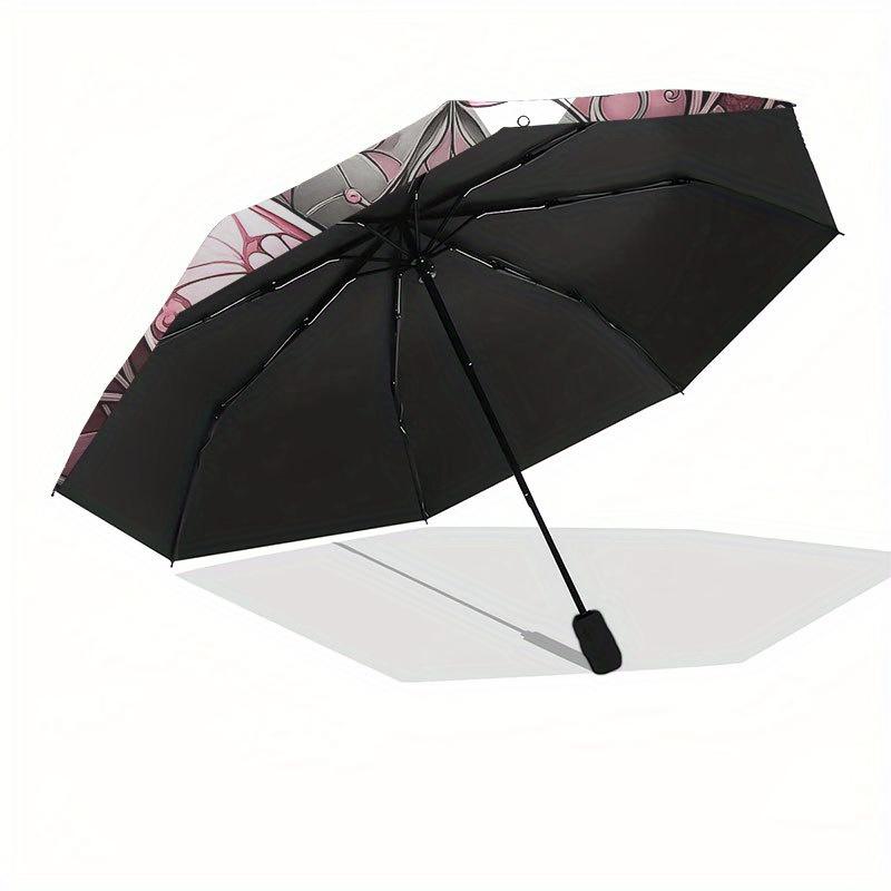Stunning Pink Butterfly Stained Cute Wall Art Umbrella, Cute Umbrella with Cute Design, Portable 3-Fold Compact Umbrella for Men & Women, Valentine's