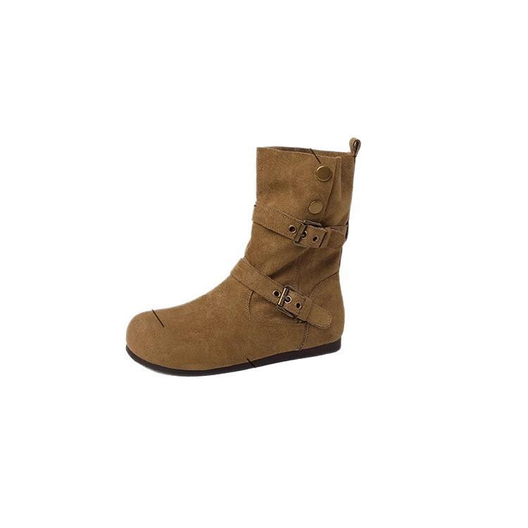 Short boots women's fashion rivets short tube thick-soled belt buckle thin women's boots western inner height increase rad beauty autumn