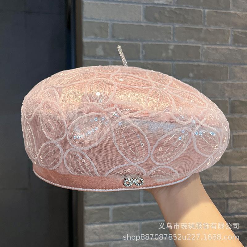 Beret children summer thin lace sequined bud hat breathable Internet celebrity fashion British painter hat