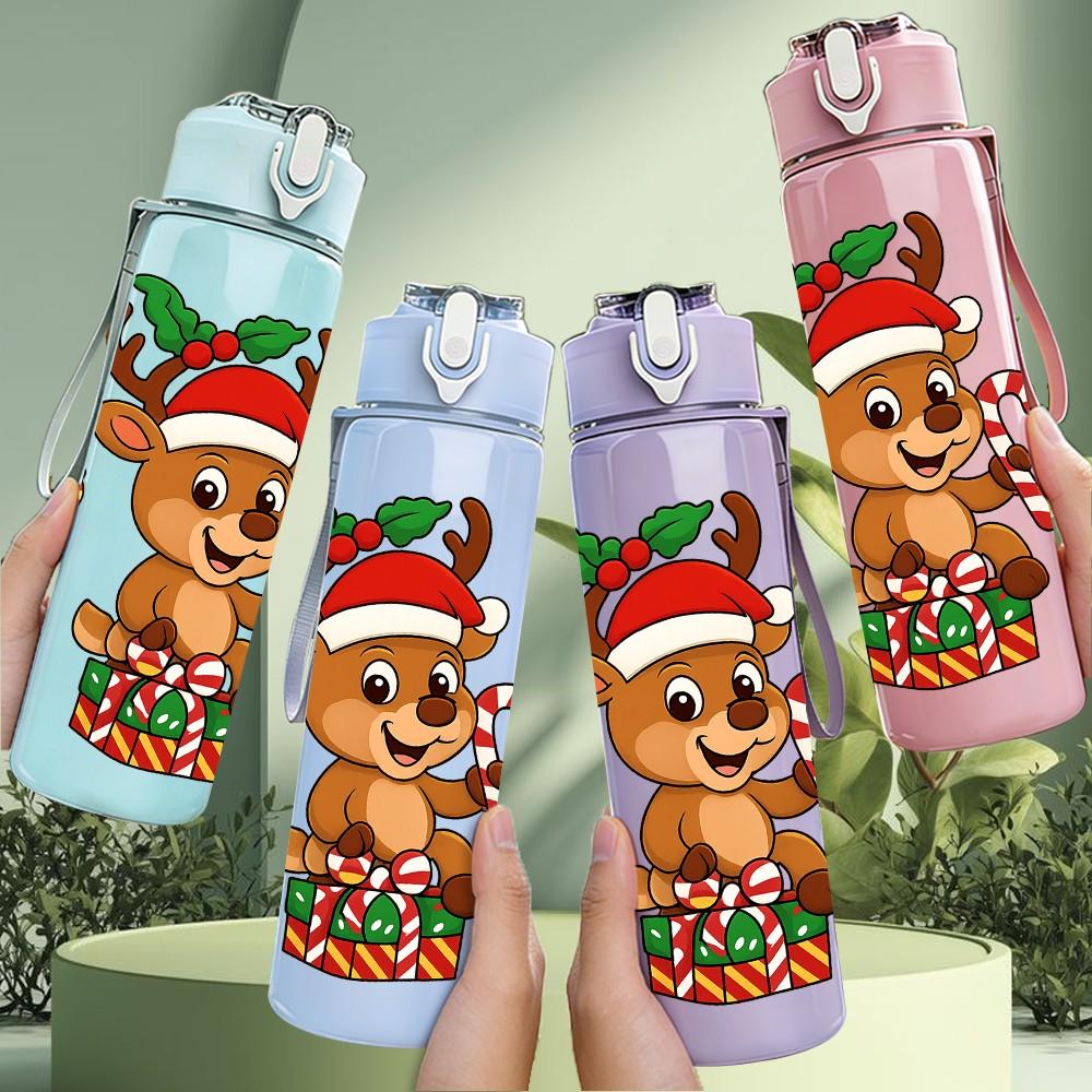 1PC Reindeer Santa Hat Christmas Pattern 750ml Color Plastic Sports Water Bottle Leakproof Flip Straw Lid Suitable for Sports Office Home Use