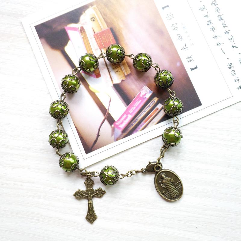 QIGO Catholic Jewelry Black Glass Beads Cross Bracelet With Cups Religious Jewelry For Men Women