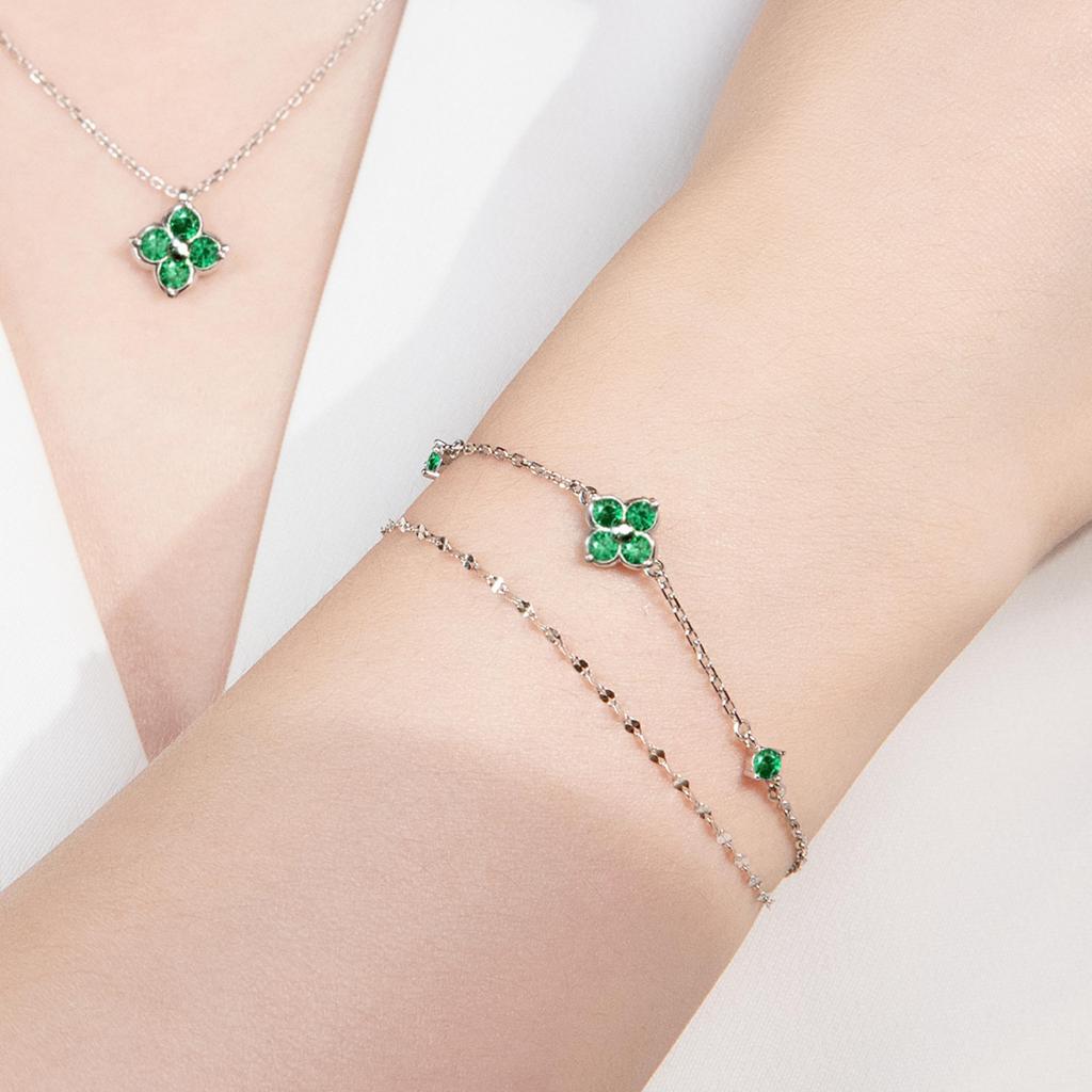 FH.bird Emerald Bracelet for Women, May Birthstone, Four-Leaf Clover Design, Sterling Silver 925, Hypoallergenic, Double Strand, Simple, Birthday Gift