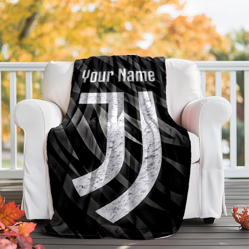1pc Personalized Name Juventus Theme Blanket - Digital Print, Polyester, Cozy for All Seasons, Perfect for Outdoor, and Travel
