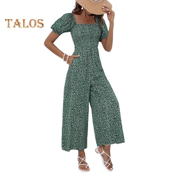 

Женский комбинезон с квадратным вырезом, цветочным принтом, короткими рукавами и широкими брюками, летний повседневный комбинезон, цельный комплект для дома S зелёный