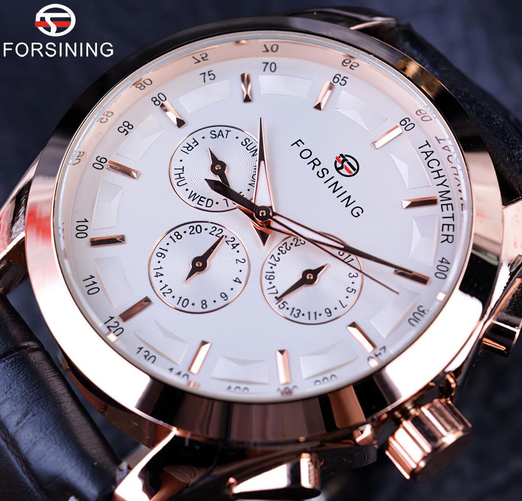 Forsining Retro Fashion Designer Three Dial Decoration Genuine Leather Golden Men Luxury Brand Automatic Mechanical Watches