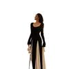 French Elegant Retro Plus Size Color Block Patchwork Dress with Waist-Cinching and Large Hem