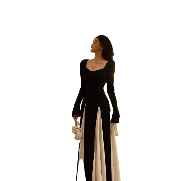 French Elegant Retro Plus Size Color Block Patchwork Dress with Waist-Cinching and Large Hem