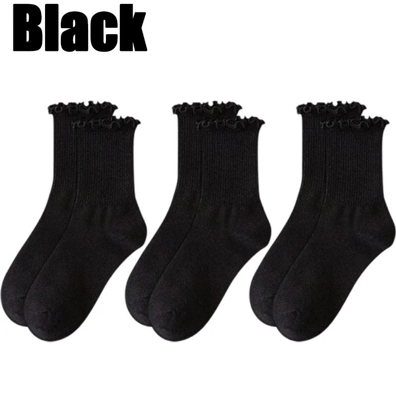 5pairs Korean Lolita JK Ruffle Cotton Socks for Women Middle Tube Ankle Soft Breathable Hosiery Black White Autumn Kawaii Socks