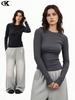 American Retro Slim Fit Lyocell Waist Cinched Long Sleeve T-Shirt, Solid Color, Round Neck, Versatile Base Layer