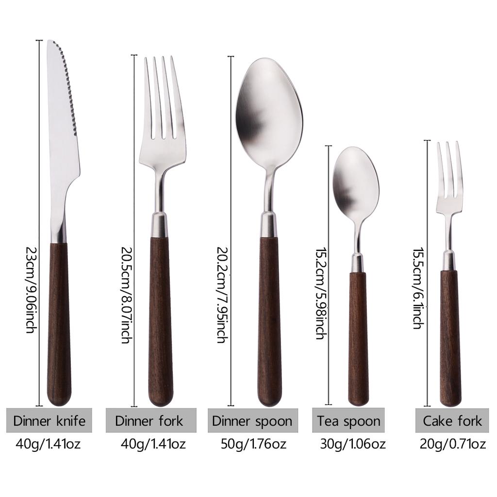 Wooden Handle Stainless Steel Cutlery Set 5Pcs Tableware Fork Spoon Knife Dinner Utensils for Home Kitchen