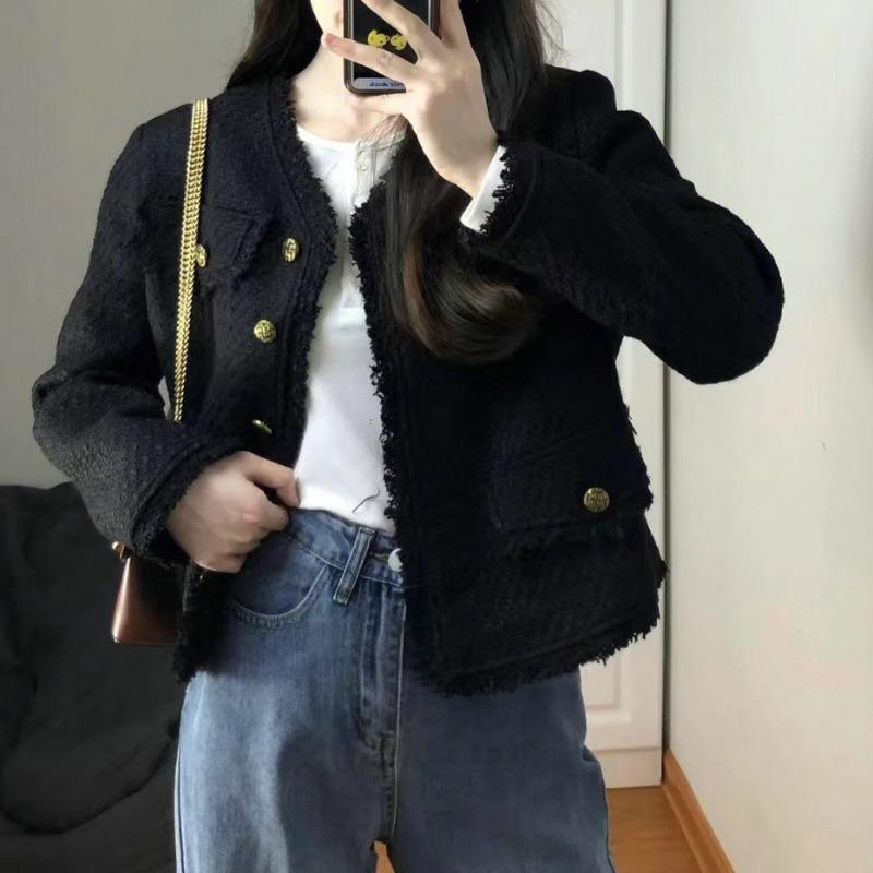 

Осенне-зимняя черная куртка в стиле небольшого аромата для женщин, ранняя осень, нишевый дизайн, высококачественный короткий твидовый топ XL