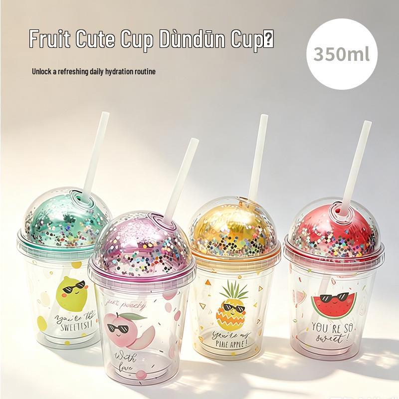 350ml Cute Cartoon Fruit Water Cup with Dome Lid & Straw for Kids
