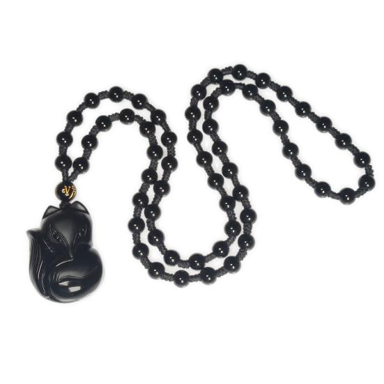 Обсидиан резьба лиса амулет кулон цепочка из бисера ожерелье унисекс ювелирные изделия подарок чёрный