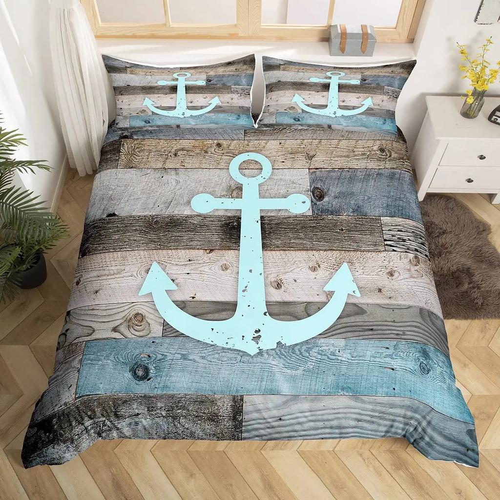 Comforter Anchor Nautical Steamboat Bedding Set Ocean Coastal Theme Blue And White Strip For Kids Adults King Size