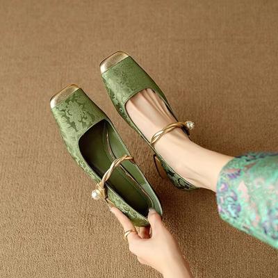Pearl Single Shoes Spring New Retro Versatile Thick Heel Square Head Shallow Mouth Women's Shoes