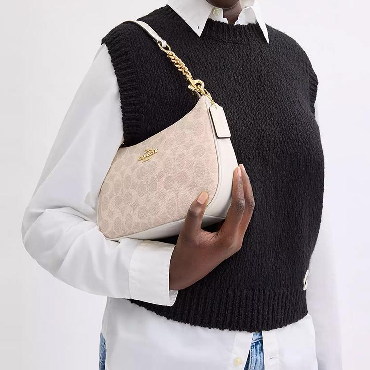 Coach Teri 24 Monograma Clásico Logo Cierre de Cremallera Lona Recubierta Bolso de Mano Cruzado al Hombro Mediano Bolsos de Mujer Arena Blanco Tiza CV933-IMXDM