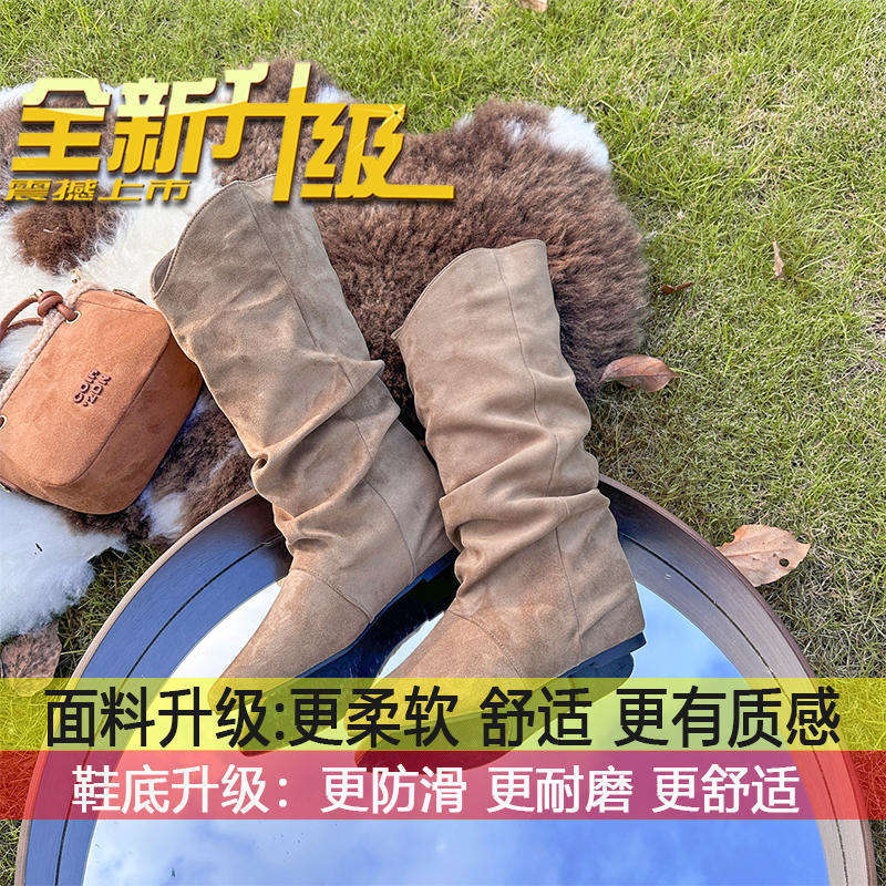 

Pointed Western Cowboy Boots Lapel Medium Boots Women s 2025 Autumn and Winter New Inner Height Increasing Suede Folds Pile Boots Women s 35