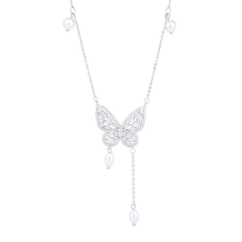 Elegant S925 Silver Butterfly Pearl Necklace with Tassel & Zircon Pendant for Women