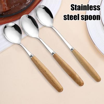 Wooden Handle Spoon Stainless Steel Serving Tablespoons Rust-Proof Dinner Spoon