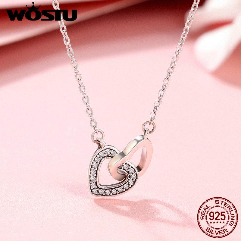 WOSTU 925 Silver Connected Heart Couple Heart Pendant Necklace for Girlfriend Jewelry Valentine Day Gift CQN181