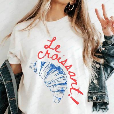 Womens Retro Le Croissant TShirt French Blue Red Aesthetic Graphic Tee Cotton Short Sleeve Tshirt Summer Cute France Lover Top