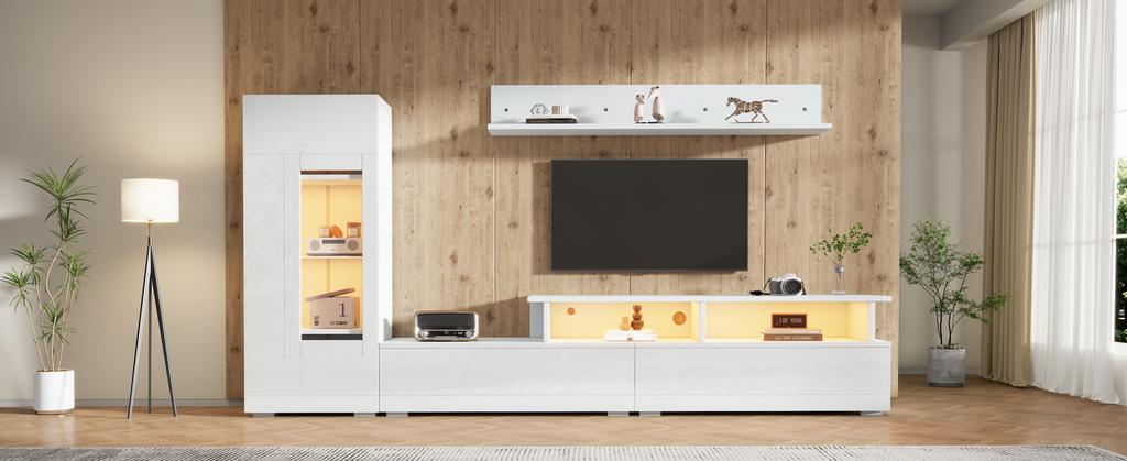 Set Mobile TV da Parete, 3 Pezzi, Illuminazione LED, Laccato Lucido, Soggiorno, 1 x Mobile TV, 1 x Vetrina Soggiorno, 1 x Mensola a Muro, TV fino a 75' Bianco