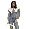 2026 Korean Chic Double-Layer Doll Collar Plaid Shirt with Puff Long Sleeves for Women.