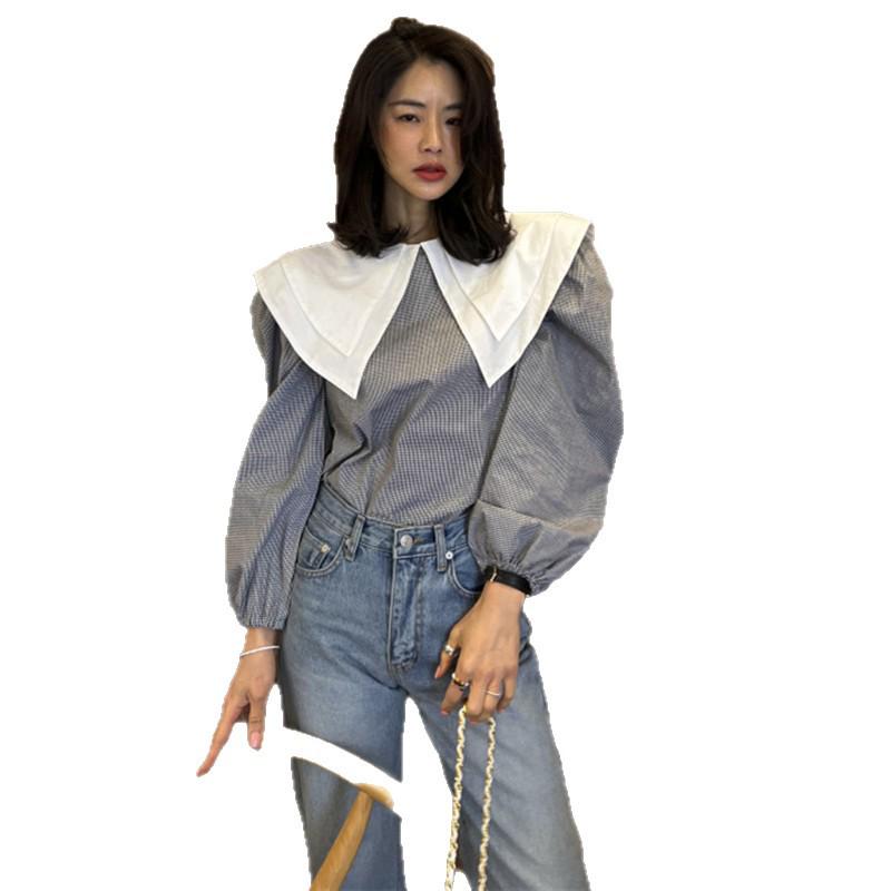 2026 Korean Chic Double-Layer Doll Collar Plaid Shirt with Puff Long Sleeves for Women.