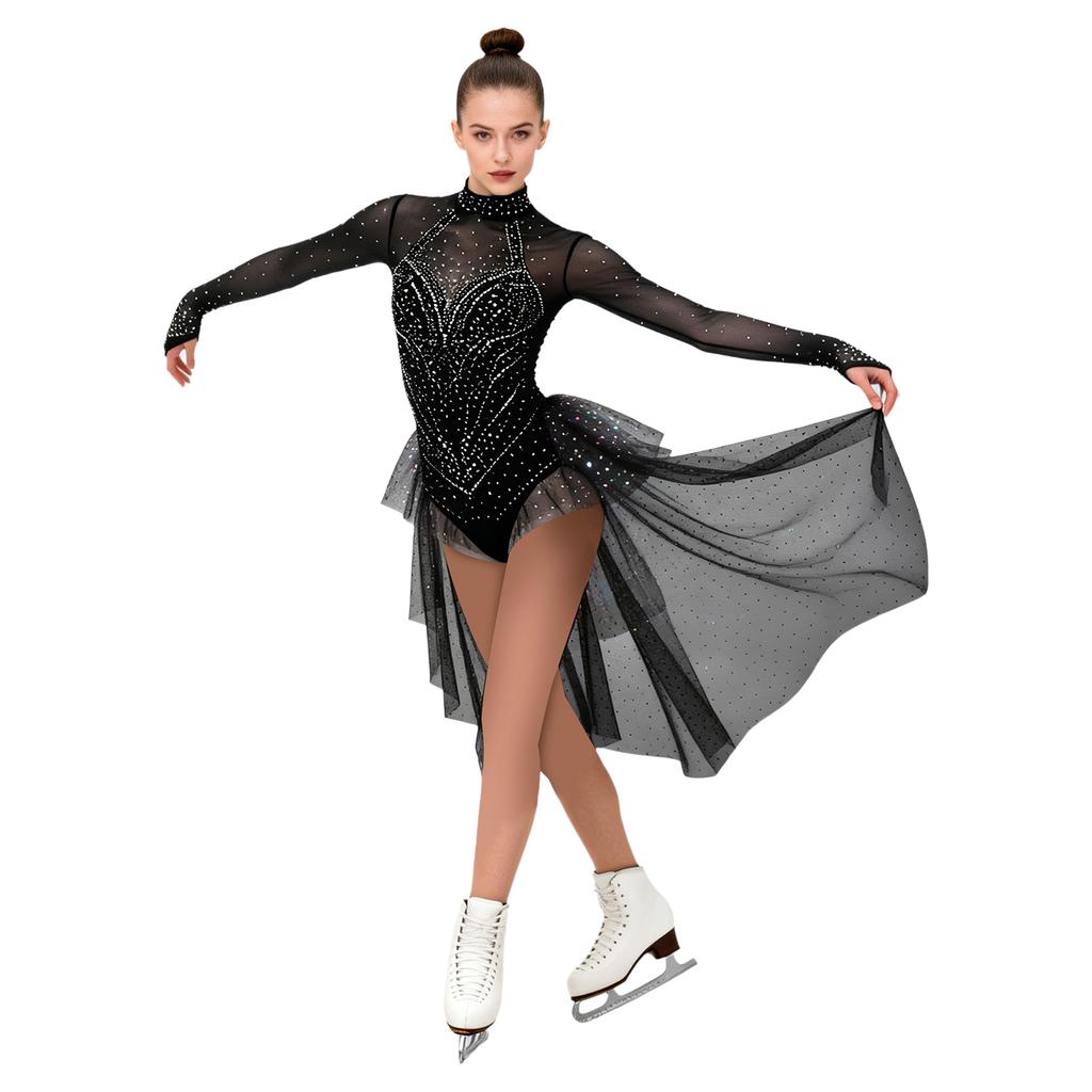 Ladies Ice Skating Dancewear Rhinestone Embellished Long Sleeve Backless Leotard with Tiered Tulle Ruffled Skirt Jumpsuit for Competition