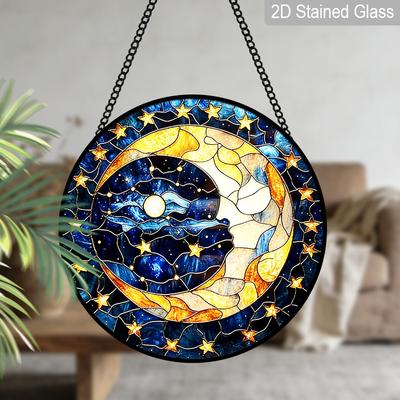 Glass Crescent Moon and Starry Night Sky Suncatcher Stained Glass Effect Window Hanging Ornament Celestial Themed Gift for Home