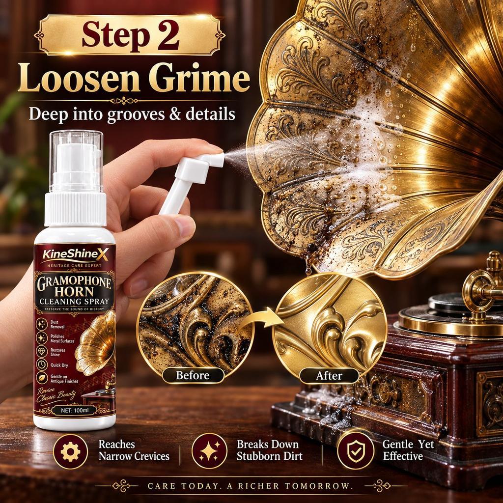 Gramophone Horn Cleaning Spray, Antique Brass Metal Cleaner for Phonograph Horns, Removes Dust and Restores Shine, Gentle on Vintage Finishes
