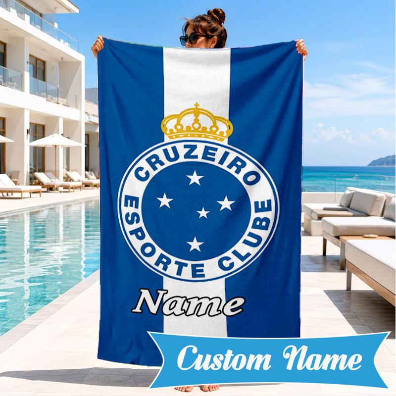 Custom Name Beach Towel Cruzeiro FC Crest Microfiber Beach Towel, Lightweight for Summer Travel, Swimming Pool Fan Birthday Gift
