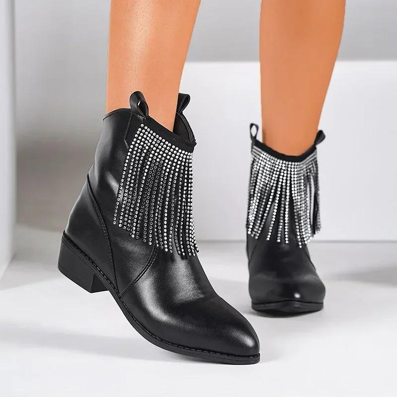 Wedge Low Heel Crystal Tassel Design Ankle Boots Women Pumps Pointed Toe Leather PU Chunky Heel Chelsea Boots Punk Boots