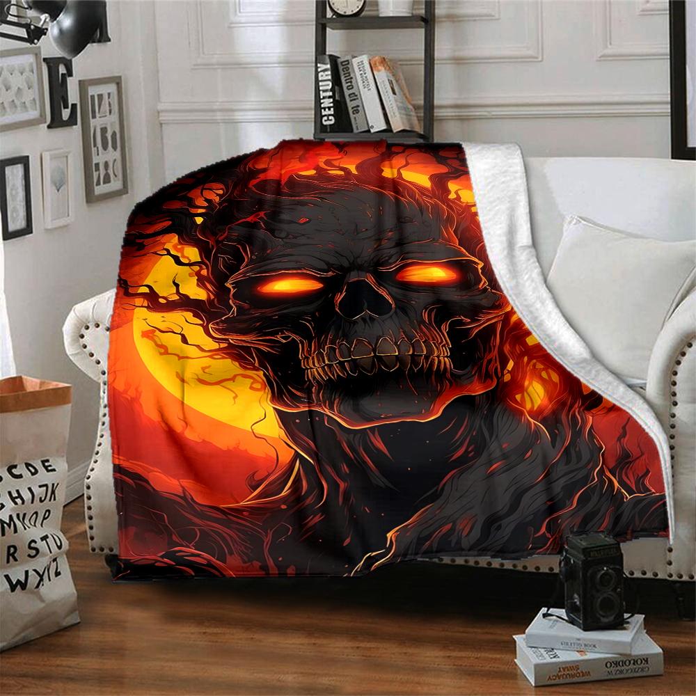 1Pc Hellish Skull Portrait Flannel Blanket, Soft And Comfortable, Casual Warm, Camping Travel, Christmas, Halloween Xmas Gift. G189