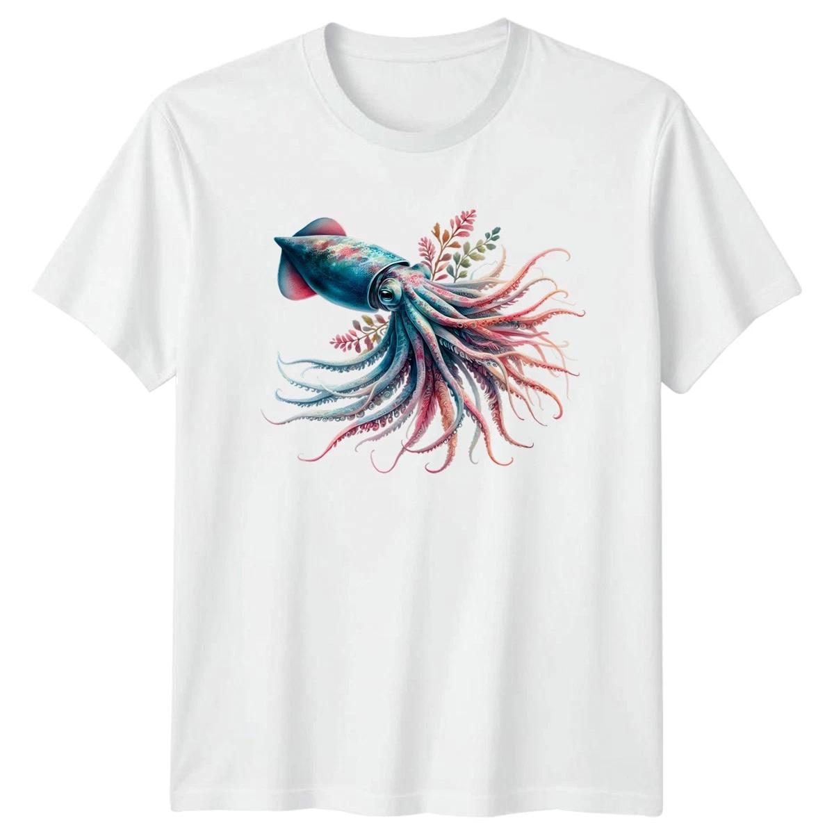 Watercolor Squid Marine Life Animals Mens Womens Graphic Tee Top M