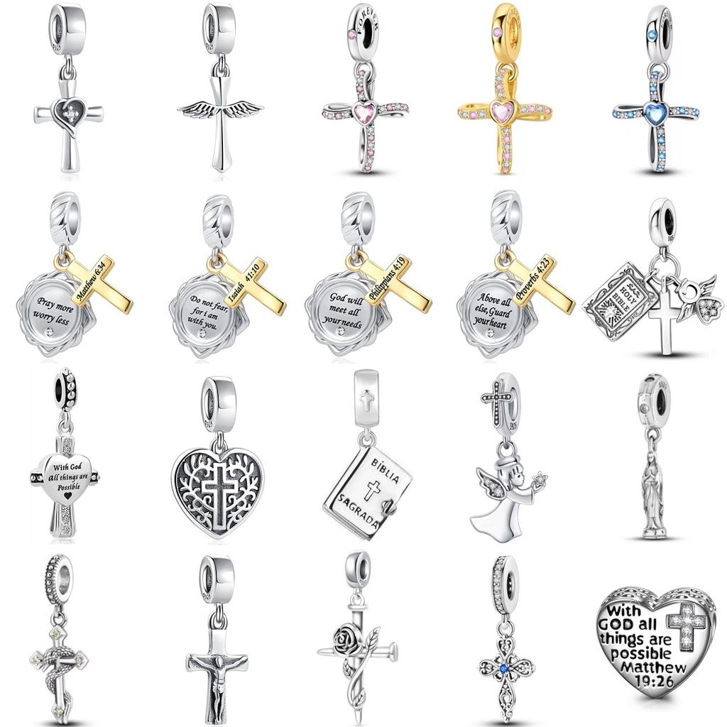 925 Silver New Cross Series Bible Angel Holy Mother Pendant Beads Fit Bracelet DIY Jewelry Gift Billiard Charms