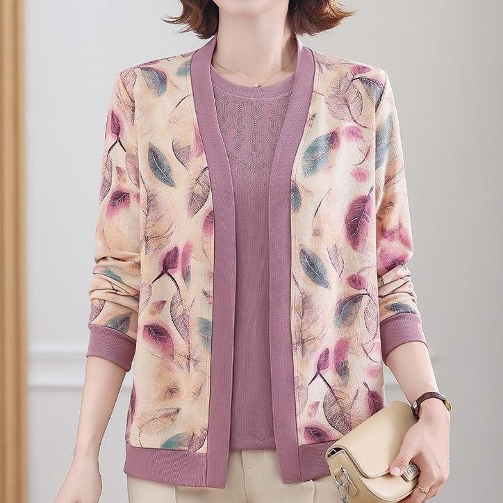 Women's Knit Top Two-Piece Set for Spring Women's Printed Knit Cardigan Round Neck Knit Short Sleeve T-Shirt Two-Piece Set Outdoor Wear