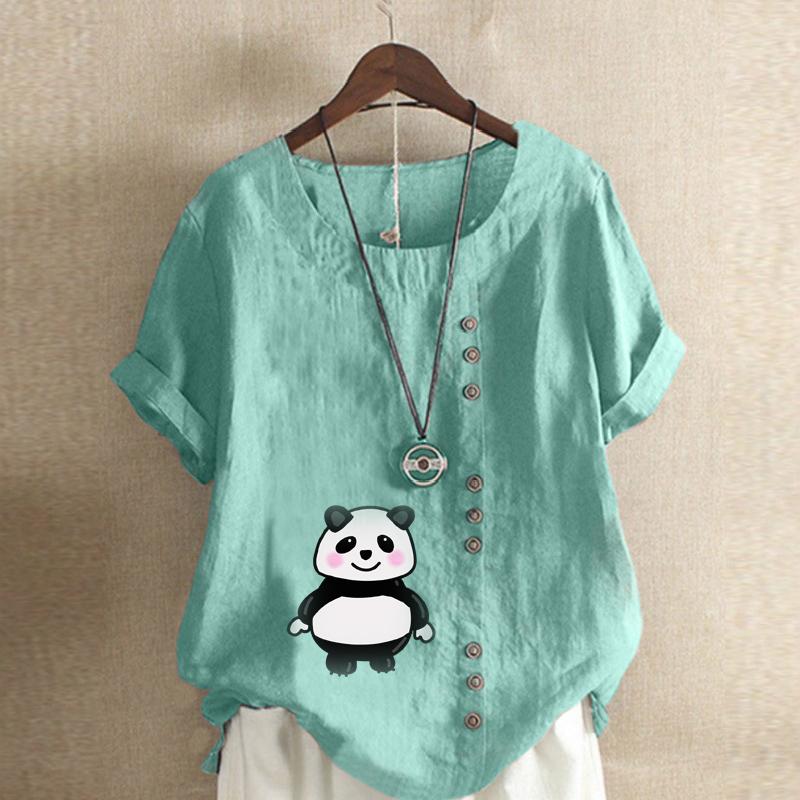 Women's Fashion Panda Print Short Sleeve T-shirt Loose Cotton Shirt Casual Loose Summer Blouse Tops Plus Size