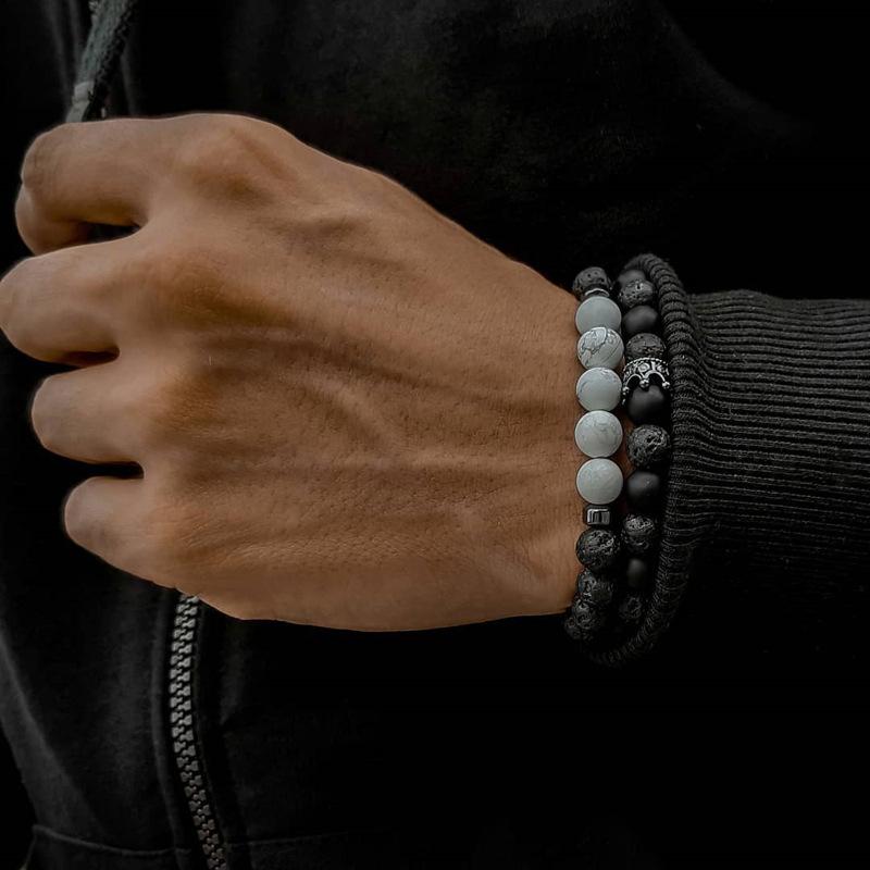 Vintage Schwarzes Mattes Armband Zirkon Krone Diamant Kugel Würfel Löwenkopf Perlenarmband Set