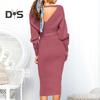 Women Fall Winter Dress V Neck Lace Up Belted Tight Waist Solid Color Knitted Elastic Mid Calf Length Long Sleeve Slim Fit Lady Commute Dress