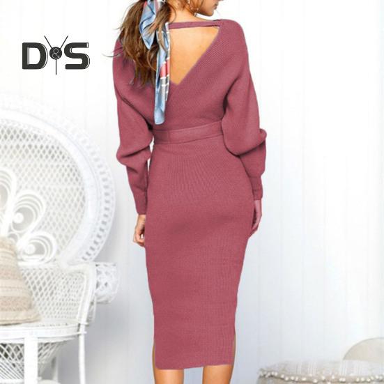 Women Fall Winter Dress V Neck Lace Up Belted Tight Waist Solid Color Knitted Elastic Mid Calf Length Long Sleeve Slim Fit Lady Commute Dress