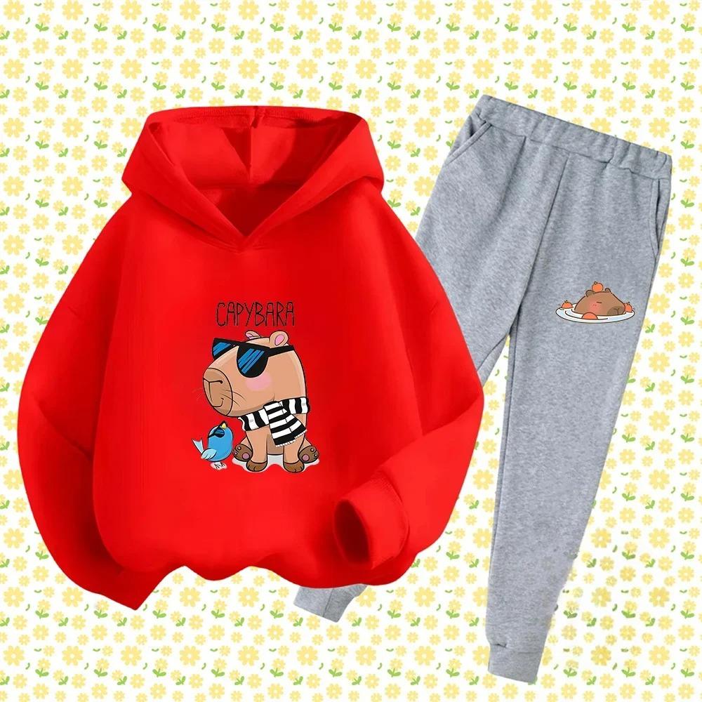 Autumn Winter New Capybara Cartoon Print Outfit Kids Hoodie Set Boys Girls 3-17 Casual Fashion Children's Set Trousers Pant Suit
