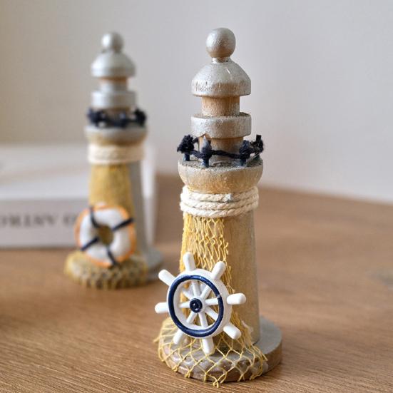 Yousheng Rustic Wood Lighthouse Figurine, Nautical Lighthouse Ocean Beach Sculpture, Handcrafted Coastal Tabletop Centerpiece for Mantel Bookshelf