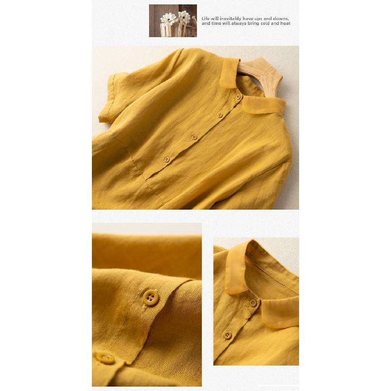 Solid Color Short-Sleeve Pullover Linen Shirt for Women, Vintage Hong Kong Style Cotton-Linen Blouse, 2026 Spring/Summer New Arrival