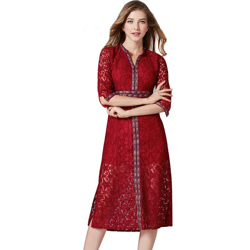 Vestido Cheongsam Étnico de Talla Grande con Cuello en V y Cintura Elástica - Estilo Retro Bohemio para Primavera y Otoño