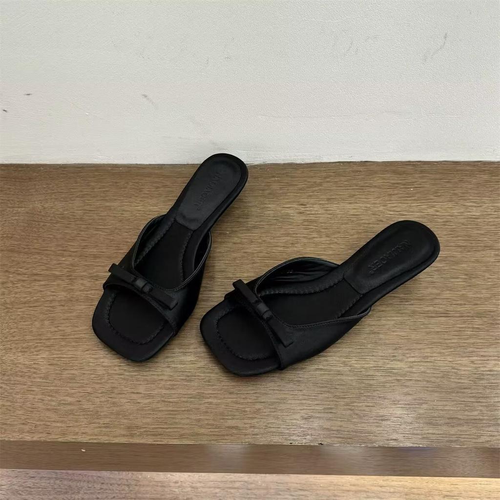 Fashion Silver Satin Flat Slides | Square - Toe Bow - Decorated Casual Daily Shoes